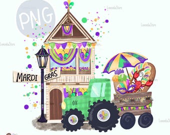 Kids Mardi Gras tractor png, Toddler boy Louisiana House PNG Sublimation Designs, Watercolor Little girl Farm King cake crawfish DTF Prints