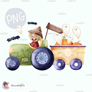 Tractor Halloween png, peuterjongens vogelverschrikker png, Halloween boerderijtruck png sublimatieontwerpen, aquarel spoken en pompoenen DTF-afdrukken