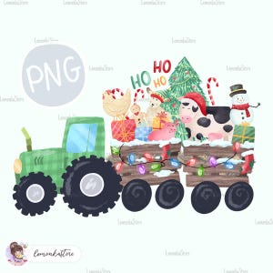 Enfants Noël PNG, aquarelle animaux de la ferme Noël tracteur sublimation designs, tout-petits garçons filles Santa truck vache poulet DTF Prints