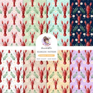 Puede incluir: Una colección de patrones sin costuras con langostas rojas, hojas verdes y flores blancas sobre fondos pastel. Los patrones incluyen el texto "lemonkastore" y "SEAMLESS PATTERN".