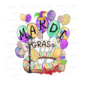 Hand drawn Mardi Gras King cake with balloons, crawfish and other accessories png sublimation design download.