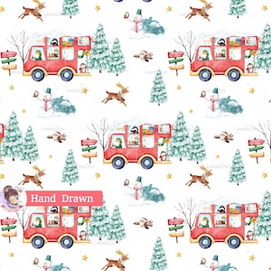 Christmas seamless pattern Red Bus, Winter animals and Elves wrapping (Digital Paper)
