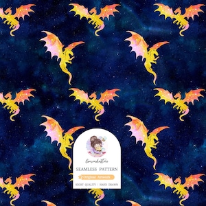 May include: Seamless pattern featuring repeating illustrations of golden dragons with pink and orange wings against a dark blue starry background. The design includes the text "Seamless Pattern", "Original Artwork", and "High Quality / Hand Drawn".