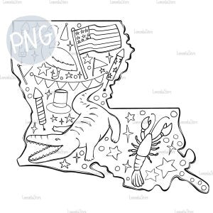 4. Juli Louisiana PNG, Vaterländische LA Karte Png, 4. Juli Umriss Alligator Pelikan Langusten Sublimationsdesign, Unabhängigkeitstag DTF
