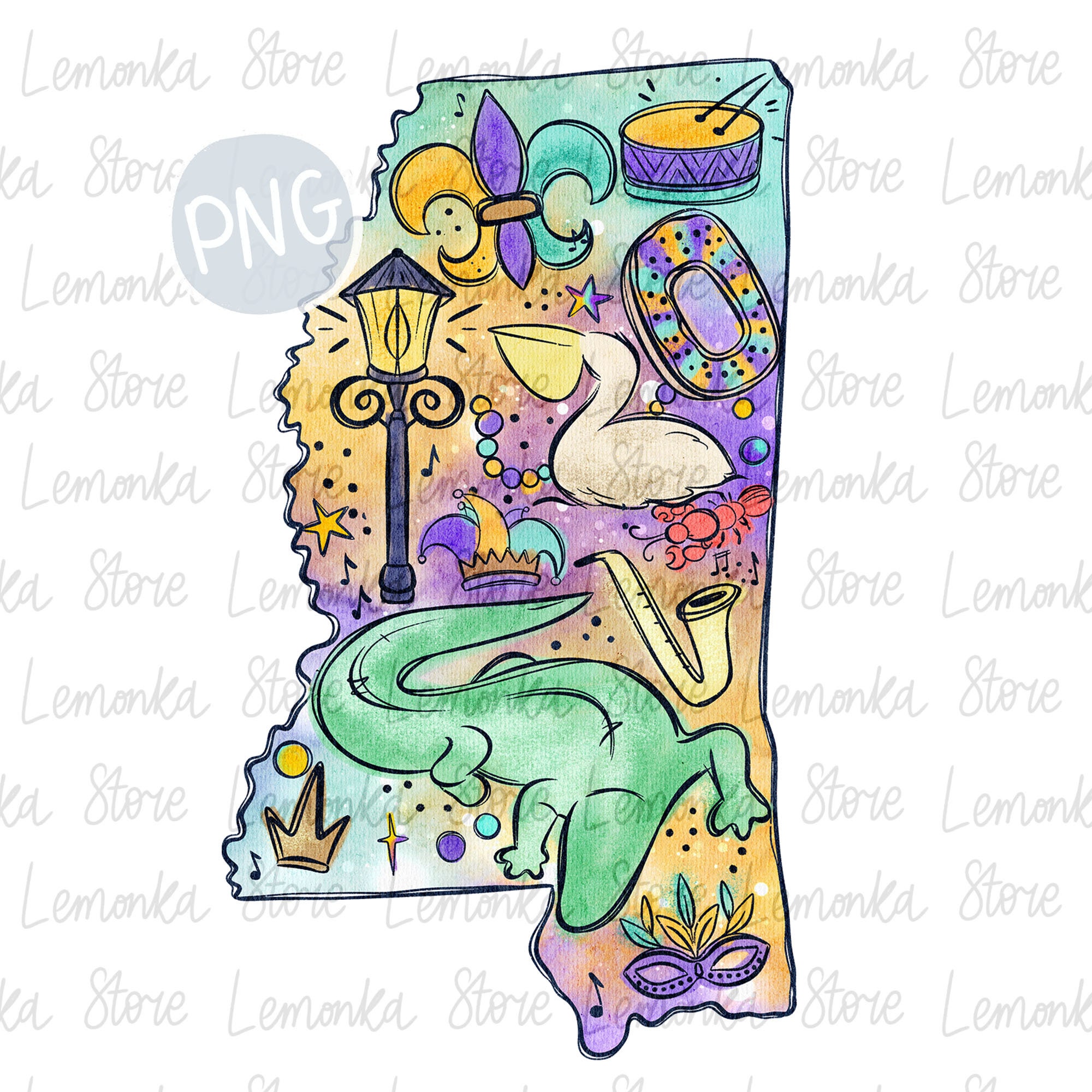 Mississippi Mardi Gras png, Watercolor MS Mardi Gras Alligator Crawfish Pelican Sublimation Design Download, Fleur de lis PNG