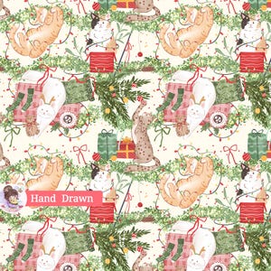 May include: A repeating pattern featuring various cats in festive holiday settings, including cats playing with string lights, sitting in red gift boxes, and wearing reindeer antlers, surrounded by pine branches, ornaments, and presents.