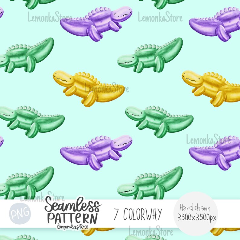 Mardi Gras Alligator Balloon Seamless Pattern: Kids Digital Paper (PNG ...