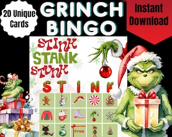 Grinch Stink Stank Stunk Bingo Game, 20 Unique Cards (Digital Download)