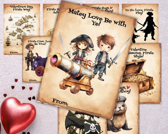 Cartes de Saint-Valentin pirate, Saint-Valentin scolaire pour enfants (téléchargement instantané imprimable)