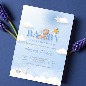 Editable Baby Dragon Shower Invitation Baby Shower Coed Shower Gender Neutral Clouds sky Digital Canva Template Printable