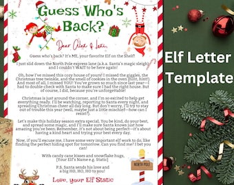 Könnte beinhalten: Eine festliche Elf-Briefvorlage mit einem rot-weißen Rand, Elfenillustrationen und Weihnachtsdekorationen. Der Text lautet "Wer ist zurück?" und enthält eine personalisierte Nachricht. Eine dekorative Geschenkbox befindet sich unten links.