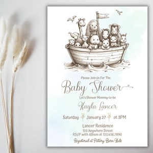 Noah&#39;s Ark Baby Shower Invitation, Editable Boho Animals Baby Sprinkle Template, Bible Story, Noah&#39;s Ark Blue Invite, Instant Download