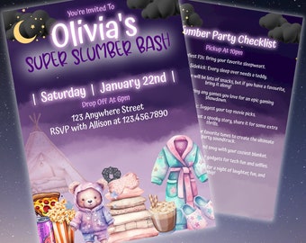 Girls Slumber Party Invitation, Purple Sleepover Theme (Digital Download)