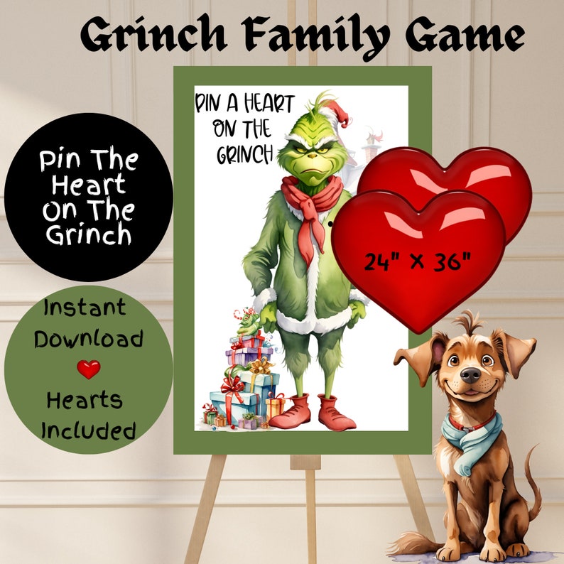 Grinch Christmas Game, Pin the Heart on the Grinch, Game for Family ...