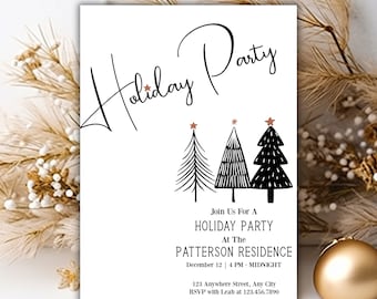 May include: A white invitation with black text that reads "Holiday Party" with a stylized tree design. The invitation details a holiday party at the Patterson Residence on December 12th from 4 PM to midnight. The address and RSVP information are also included.