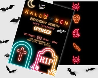 Neon Halloween Birthday Party Invitation, Editable Spooky Theme (Digital Download)