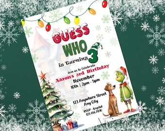 Grinch 3rd Birthday Invitation, Christmas Party, Editable Template (Digital Download)