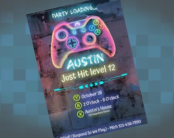 Plantilla de invitación de cumpleaños de videojuego neón (descarga digital)