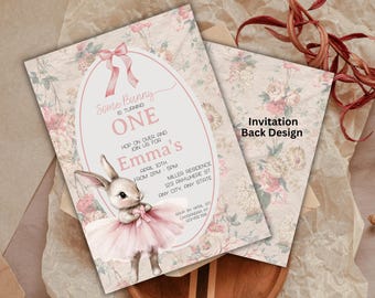 Bunny First Birthday Invitation: Pink Floral, Editable (Digital Download)