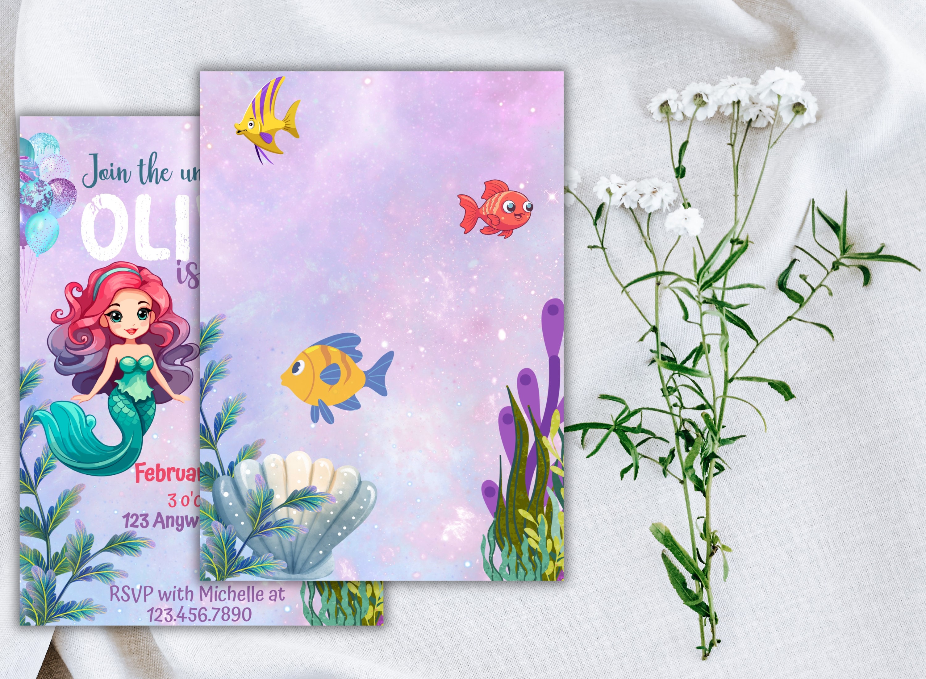 Editable Mermaid Purple Teal First 1st Mermaid Birthday Little Mermaid Invite Printable Template ...