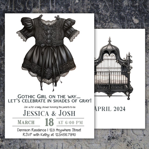 Gothic Girl Baby Shower Invitation, Celebrate in Shades of Gray, Gothic Baby Decor, Magical Spooky Goth Baby