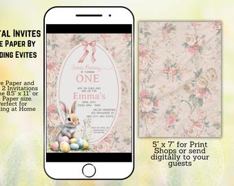 Some Bunny is One Invitation, Floral Rabbit Birthday (Digital Download)