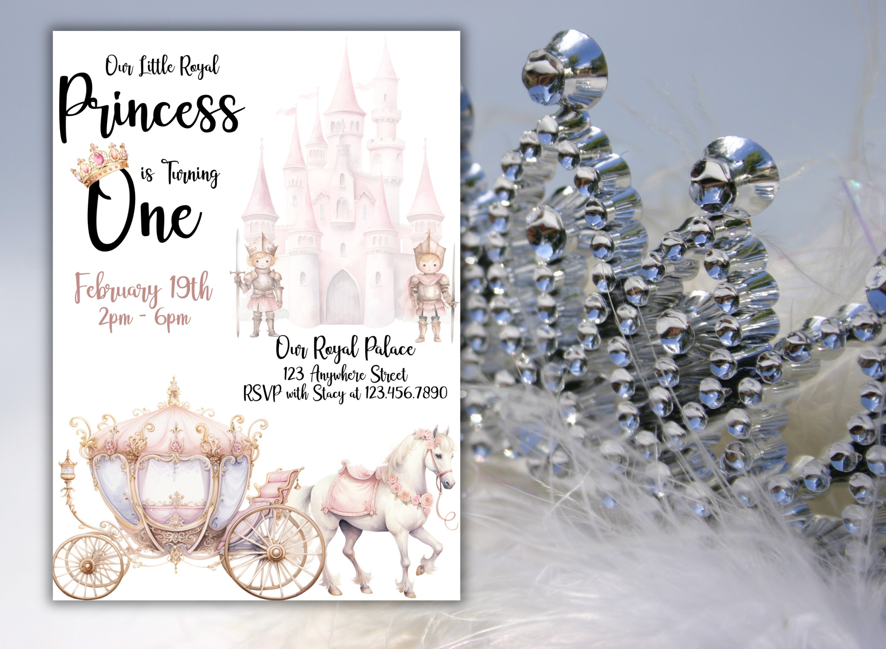 Princess Birthday Invitation Princess Party Invite Girl 1st Castle Pink Floral Horse and ...