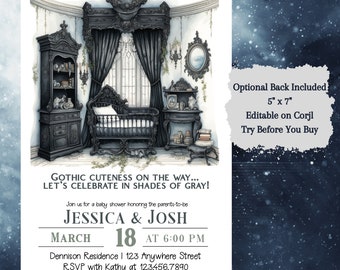 Gotische babyshoweruitnodiging, grijs decor, Corjl bewerkbaar (digitale download)