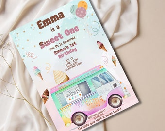 May include: A pastel blue and pink birthday invitation with a cartoon ice cream truck. The invitation says "Emma is a Sweet One" and includes details for Emma's 1st birthday party.