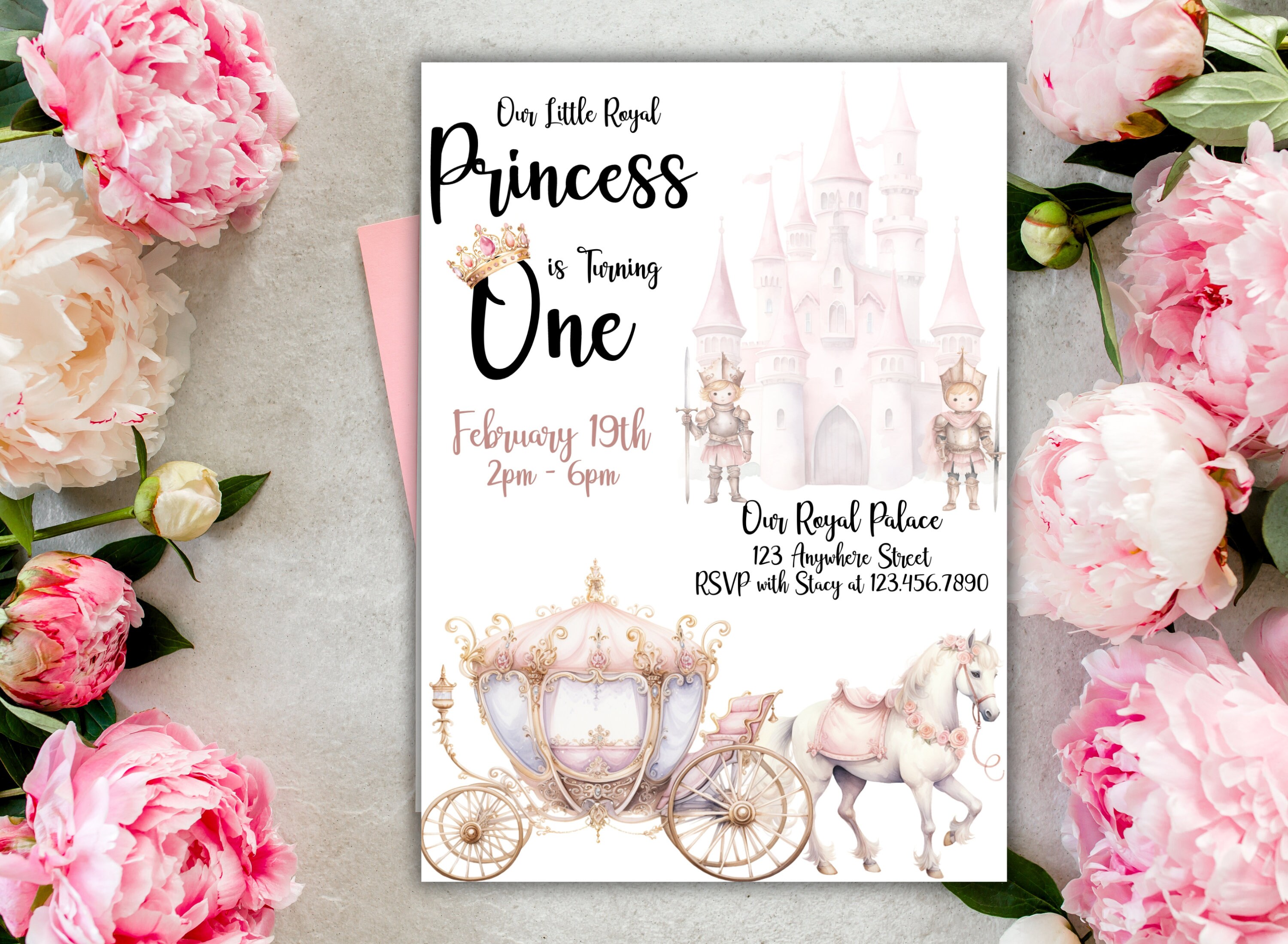 Princess Birthday Invitation Princess Party Invite Girl 1st Castle Pink Floral Horse and ...
