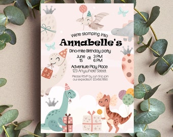Girl Dinosaur Birthday Invitation, Pink Dino Party (Digital Download)