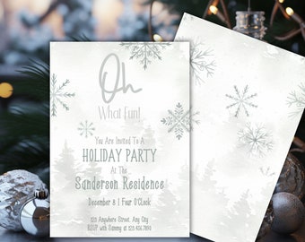 Könnte beinhalten: Eine weiße Einladung mit einem Aquarellhintergrund, der eine Winterszene mit Bäumen und Schneeflocken zeigt. Der Text lautet "Oh What Fun! You Are Invited To A Holiday Party At The Sanderson Residence December 8 | Four O'Clock 123 Anywhere Street, Any City RSVP with Sammy at 123.456.7890"