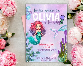 Editable Oneder the Sea Mermaid Purple Teal First 1st Mermaid Birthday Little Mermaid Invite ...