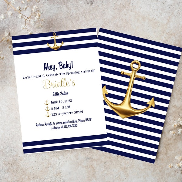 Nautical Baby Shower Invitation Little Sailor Elegant Invite Boy Shower Printable Template Instant Download Canva Navy Blue Gold Anchor Ahoy