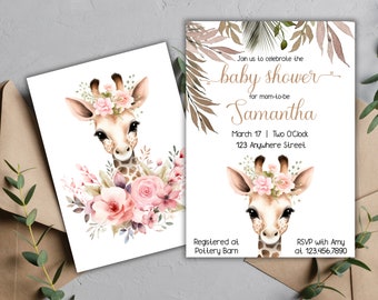 Puede incluir: Una invitación a una baby shower con una ilustración de acuarela de una jirafa con una corona de flores rosas. La invitación dice "Join us to celebrate the baby shower for mom-to-be Samantha, March 17 | Two O'Clock, 123 Anywhere Street, Registered at Pottery Barn, RSVP with Amy at 123,456,7890".