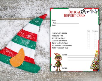 May include: A printable Elf on the Shelf report card with a checklist for good behaviour. The card features a cartoon elf, a Christmas tree, and the text "Official Elf Report Card".
