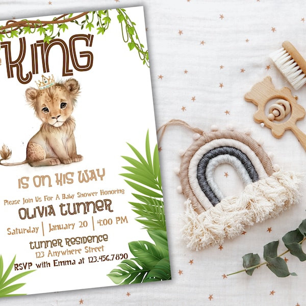 Lion Baby Shower Invite Editable, It's a Boy Baby Shower, Safari Baby Shower Invitation, A Little King is on the way, King Baby Shower