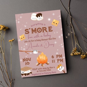Editable S&#39;more Baby Shower Invitation Bonfire Baby Shower Camping Baby Shower Fall Couples Pink Girl Smore Baby Shower Instant Download