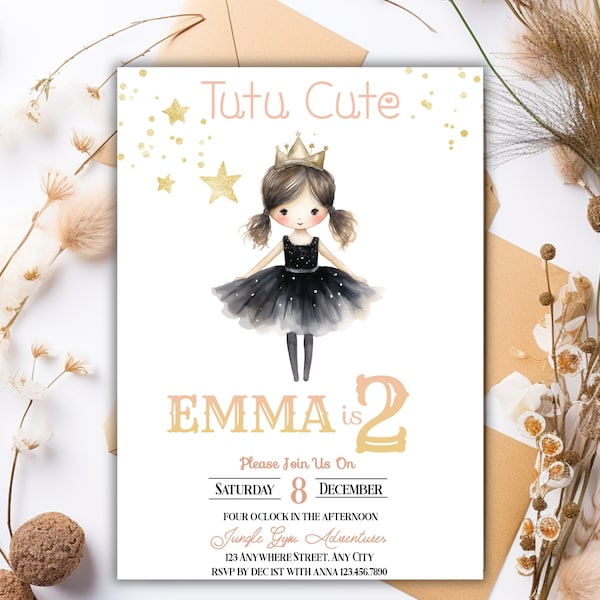 Tutu Cute Birthday Invitation - Girl Second Birthday Party - Pink Black Gold - Printable - Editable Template - DIY - Princess Castle