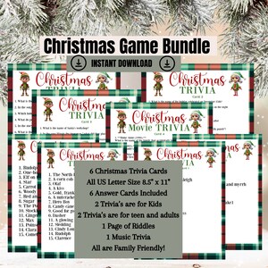 Druckbare Familien-Weihnachtsspiele-Bundle, 4 Urlaubs-Party-Spiele-Aktivitäten für Erwachsene und Kinder, festliche Familienspiele, Weihnachtsfilm-Trivia