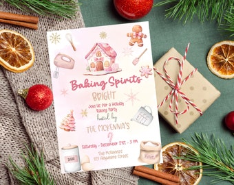 May include: A holiday baking party invitation with watercolor illustrations. The invitation features a pink gingerbread house, snowflakes, and baking tools. Text reads "Baking Spirits Bright" and includes party details.