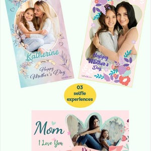 Puede incluir: Tres diseños de experiencias de selfies para el Día de la Madre. Cada diseño presenta a una madre y su hijo. Los diseños incluyen elementos florales, corazones y las frases "Happy Mother's Day", "Mom I Love You" y nombres. Los diseños son en colores pastel.