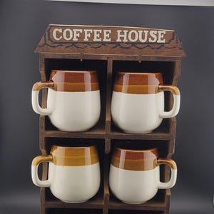 Vintage Retro Coffee Mug Set, Tricolor Coffee Set, Ceramic Coffee Cup, 70s Kitchen, Boho Kitchen Decor, Wooden Coffee Mug Cubby
