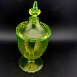 Vintage Vaseline Glass Candy Dish, Vaseline Glass, Uranium Glass, depression glass,  lidded candy dish, glowing glass under a black light