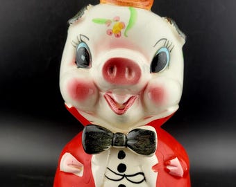Vintage Piggy bank, piggy bank, pig with bow tie piggy bank, cute pig, pig, vintage coin bank, cute pig coin bank, MCM, anthropomorphic