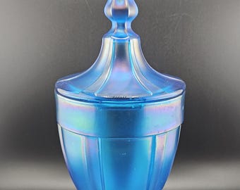 Vtg Fenton Stretch Glass Celeste Blue Glass Apothecary Candy Pedestal Jar #636