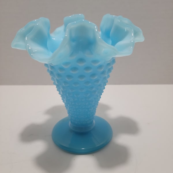 Fenton Blue Milk Glass Hobnail Footed Crimped Vase, Fenton Hobnail Milk glass, Fenton  Crimped Blue Vase, Footed Fenton Hobnail Glass vase