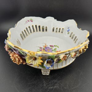 Schierholz Jardiniere signed Porcelain bowl , German Antique Hand Painted 3 footed Porcelain bowl, Applied flowers Porcelain Bowl