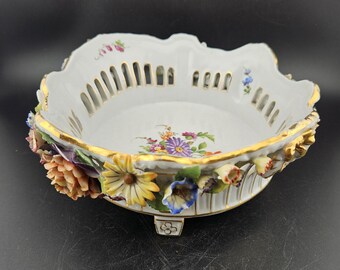 Schierholz Jardiniere signed Porcelain bowl , German Antique Hand Painted 3 footed Porcelain bowl, Applied flowers Porcelain Bowl