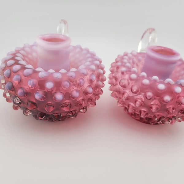 Pair of Vintage Fenton Opalescent Cranberry Hobnail Candlestick Holders, Candlestick holder, glass, depression glass, READ